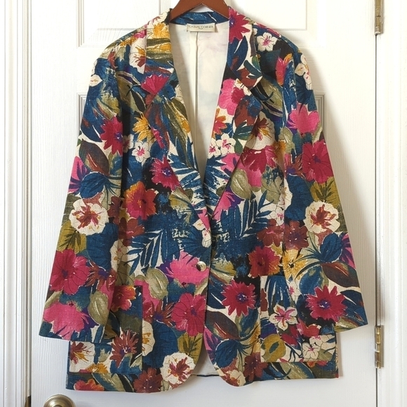 Casual Corner 80's Vintage Floral Lightweight Linen Blend Boxy Blazer Jacket L - Picture 1 of 12